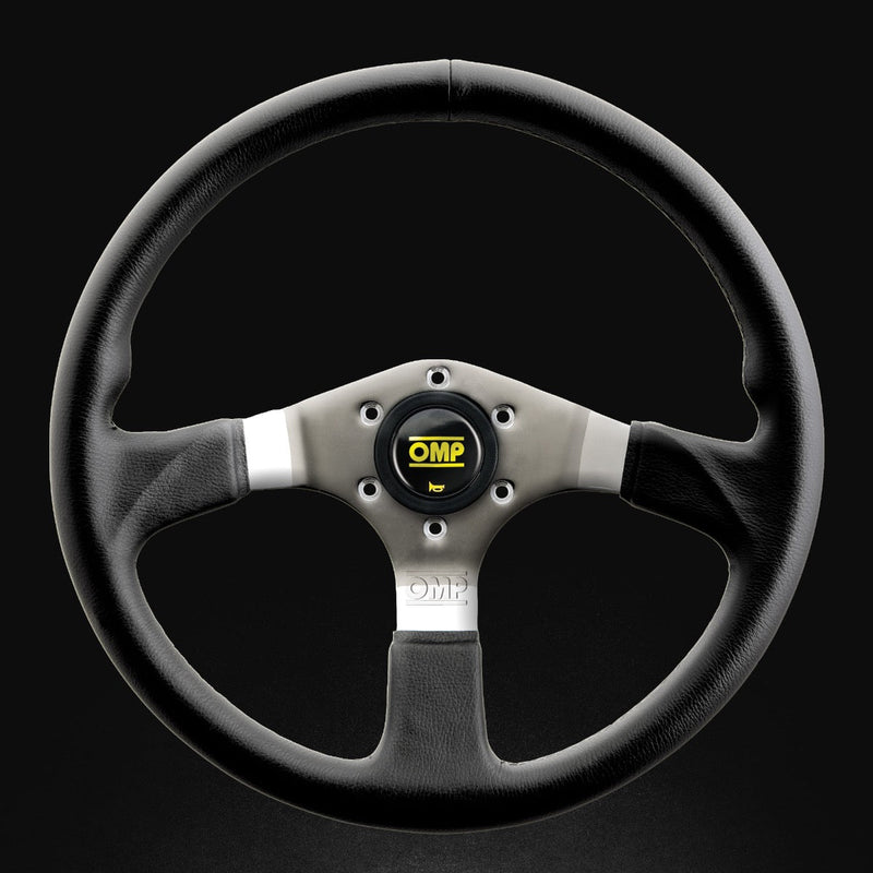 OMP STEERING WHEEL ASSO FLAT WITH 3 STEEL SPOKES BLACK LEATHER DIAM 350MM (OD0-2019-189)