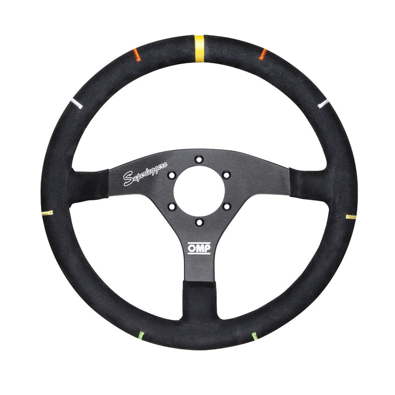 OMP FLAT STEERING WHEEL IN ALUMINIUM DIAM. 350 MM, BLACK WHIT COLORED STEER. ANGLE. (OD0-2046-071)