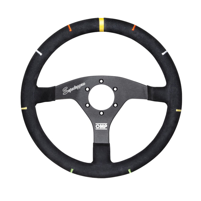 OMP FLAT STEERING WHEEL IN ALUMINIUM DIAM. 350 MM, BLACK WHIT COLORED STEER. ANGLE. (OD0-2046-071)