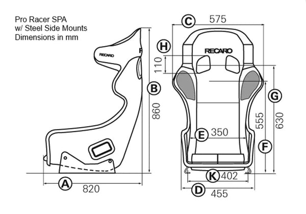RECARO PRO RACER HANS SPA SEAT - VELOUR BLACK BOLSTER, VELOUR BLACK INSERT, WHITE LOGO, 4/5/6 POINT BELT (071.36.0630-01)