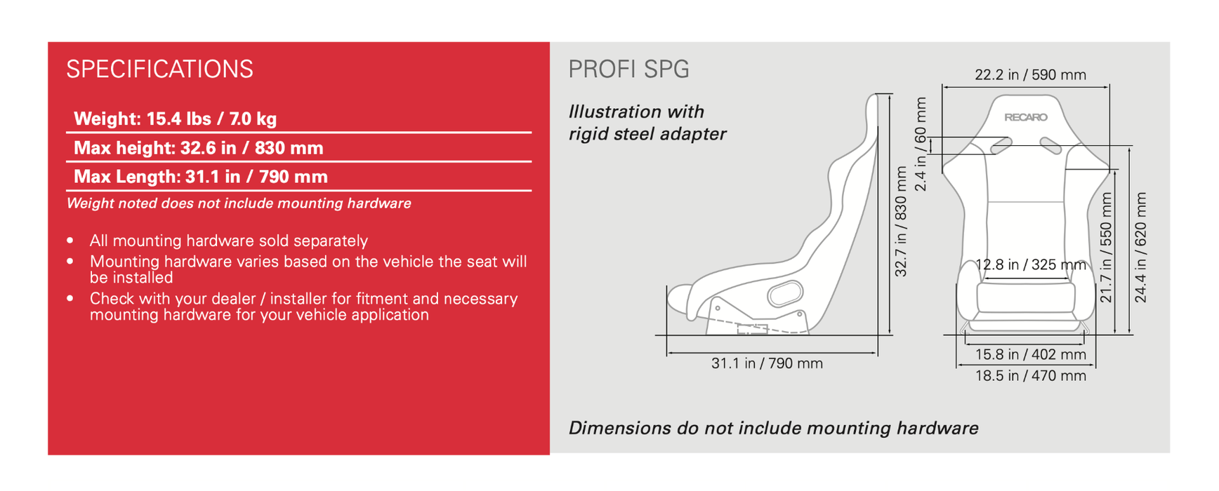 RECARO PROFI SEAT - VELOUR BLACK BOLSTER, VELOUR BLACK INSERT, WHITE LOGO, 4/5/6 POINT BELT (070.91.UU11-01)